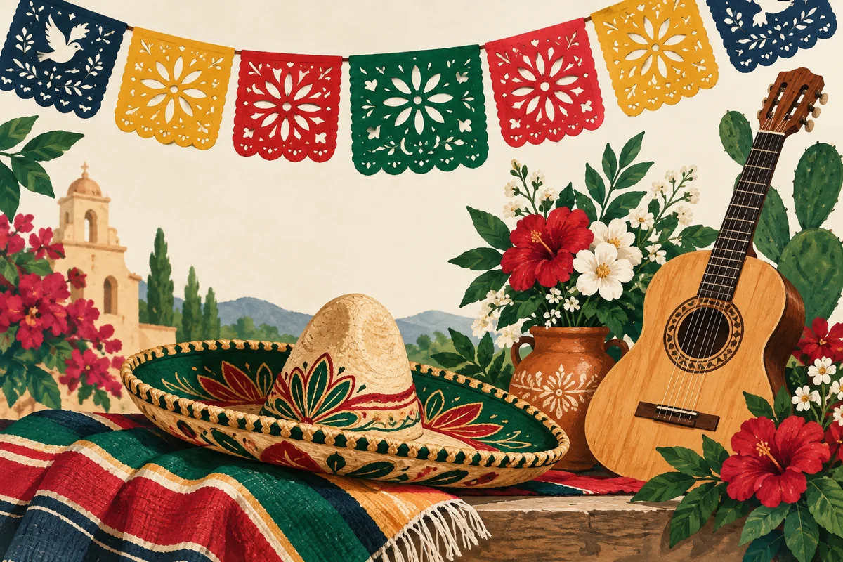 Ilustración de papel picado, sombrero, guitarra y flores mexicanas.