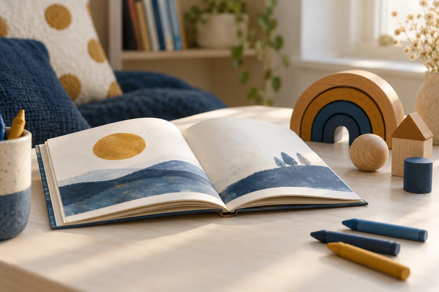 Libro ilustrado abierto junto a figuras de madera y crayones azules y dorados.