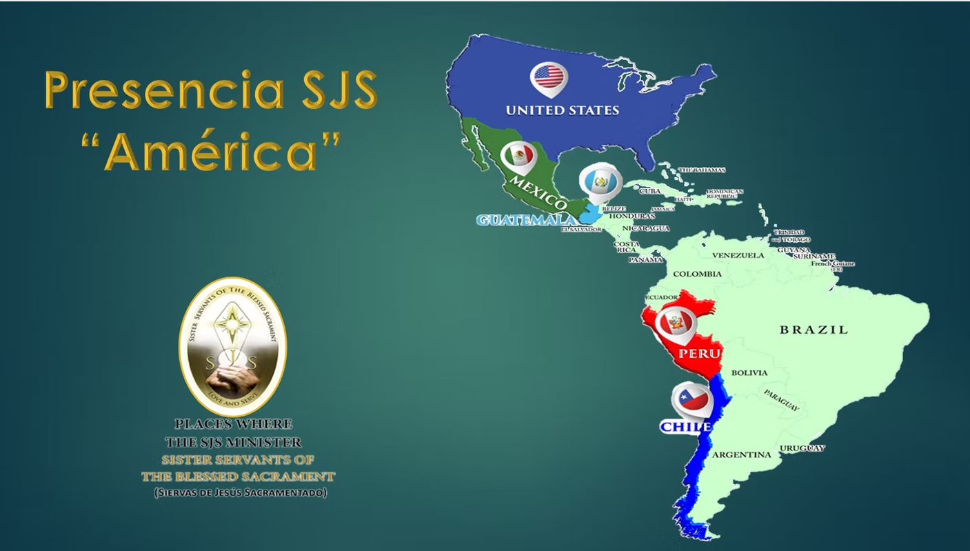 Mapa titulado Presencia SJS América con nombres de países y marcadores de lugares donde hay presencia SJS.